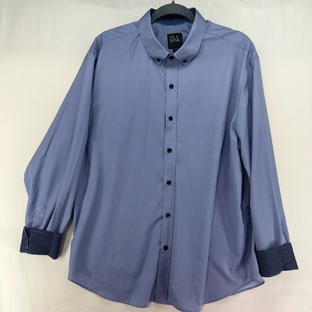 JOS A BANK Traveler Flip Cuff Button Down Shirt Gingham Blue White Mens Size XL